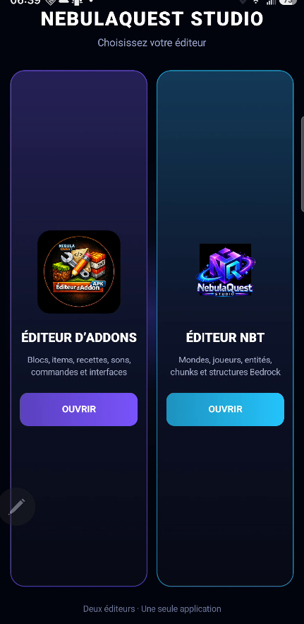 Menu de NebulaQuest Éditeur Mobile